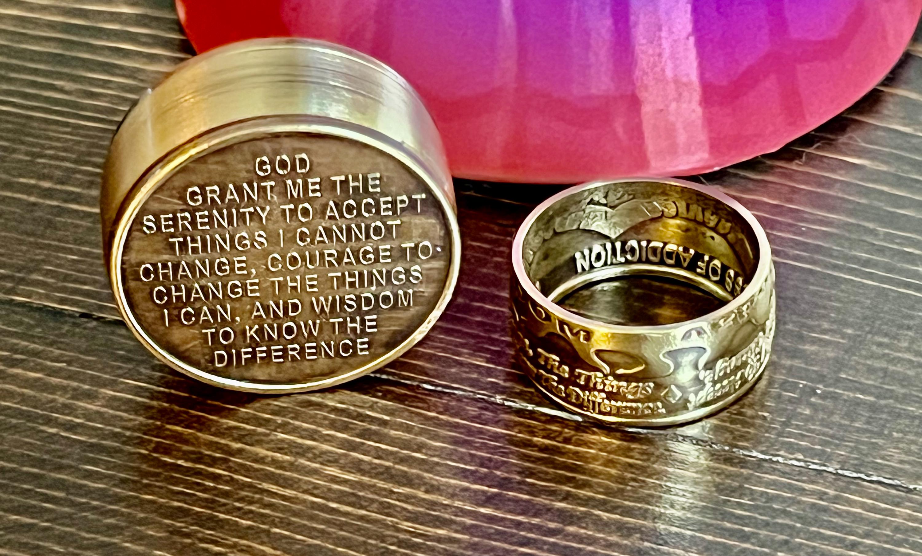 Addiction Recovery Rings Serenity Prayer Ring and Pill Box Set Handmade Addiction Recovery Coin ...