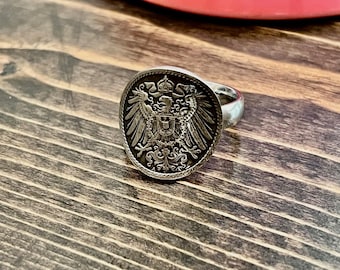 Anillo de águila del Imperio Alemán / Joyería vintage con monedas del Reich Alemán / Banda de acero inoxidable hecha a mano / Recuerdo histórico / Regalo de viaje europeo