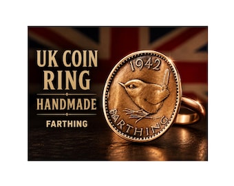 May include: A handmade UK coin ring featuring a 1942 farthing coin with a bird design. The ring is gold-toned and set against a blurred background with the text "UK COIN RING HANDMADE FARTHING".