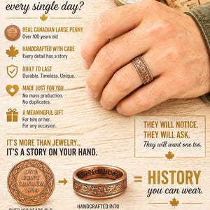 May include: A copper ring with an intricate leaf design, handcrafted from a Canadian penny over 100 years old. The ring is shown on a hand, with text that reads "History you can wear."