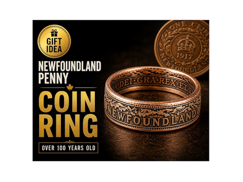 May include: A copper coin ring made from a Newfoundland penny. The ring features the text "NEWFOUNDLAND" and floral detailing. The image also shows a penny coin and text that reads "GIFT IDEA".