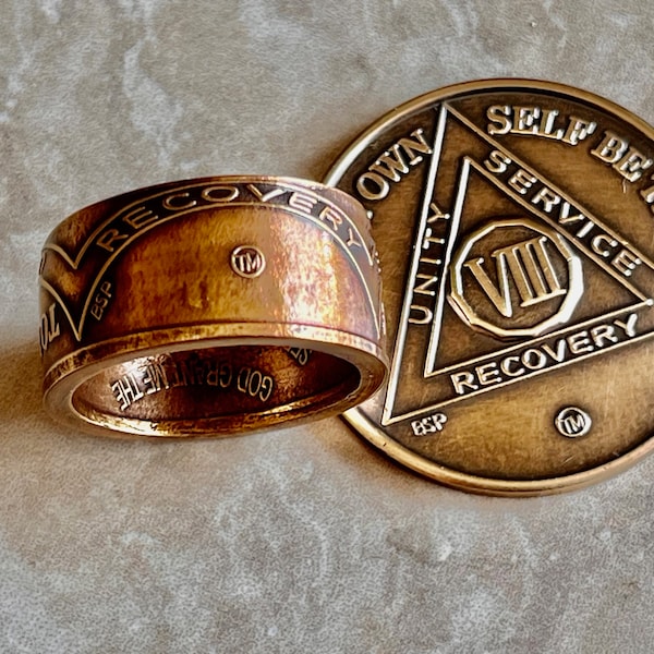 Sobriety Coin Ring AA Addiction Serenity Prayer Drugs and Alcohol Abuse Sober Recovery Friend Coin Ring Gift For Him Her World Coins