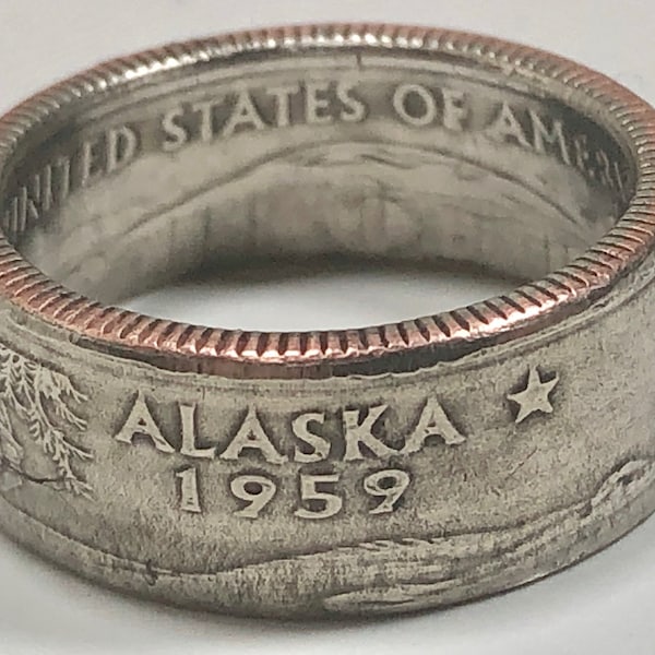 Alaska Ring USA State Coin Ring Quarter Dollar United States of America, President, Jewelry, Liberty, In God We Trust, Custom Handmade