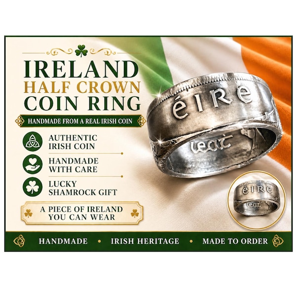 Ireland Coin Ring – Half Crown Coróin – Celtic Harp Jewelry – Lucky Shamrock Gift – Irish Coin Charm Ring for Friend – Handmade