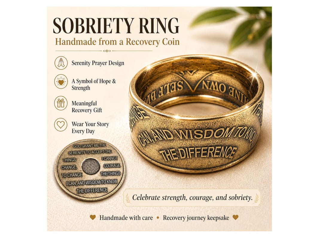 Addiction Recovery Rings Handmade Bronze Sobriety Ring: Serenity Prayer AA Coin Recovery Jewelry ...
