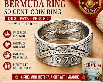 Bermuda 50 Cent Coin Ring Quo Fata Ferunt 1970 Handmade Silver Ring Vintage Island Jewelry Gift Travel Memory Keepsake