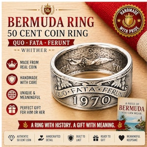 Bermuda 50 Cent Coin Ring Quo Fata Ferunt 1970 Handmade Silver Ring Vintage Island Jewelry Gift Travel Memory Keepsake