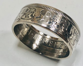 UK Coin Ring – Handmade Two Shilling Coin Jewelry Thistle & Clover Design – Queen Elizabeth Ring – Vintage British Ring Gift for Him or Her