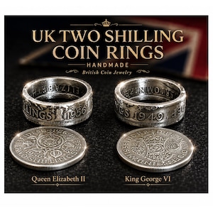 May include: Two silver coin rings and two coins are displayed. The rings are made from UK Two Shilling coins, one dated 1956 and the other 1949. The coins feature Queen Elizabeth II and King George VI. The text "UK TWO SHILLING COIN RINGS" is at the top.