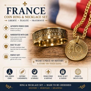 May include: A gold-toned coin ring and necklace set featuring authentic French coins. The ring is inscribed with "Liberté, Égalité, Fraternité." The necklace pendant is a 10 centimes coin. The set is displayed with a French flag.