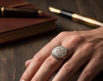 Anillo de moneda alemana Pfennig con diseño de roble y mujer, banda de acero inoxidable, joyería vintage, regalo hecho a mano, símbolo de la naturaleza y herencia.