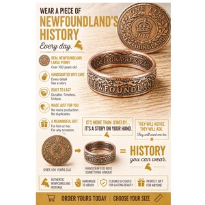 May include: A copper ring made from a Newfoundland penny, with the text "NEWFOUNDLAND" and "ONE CENT 1917". The image also shows a penny and text that reads "WEAR A PIECE OF NEWFOUNDLAND'S HISTORY".