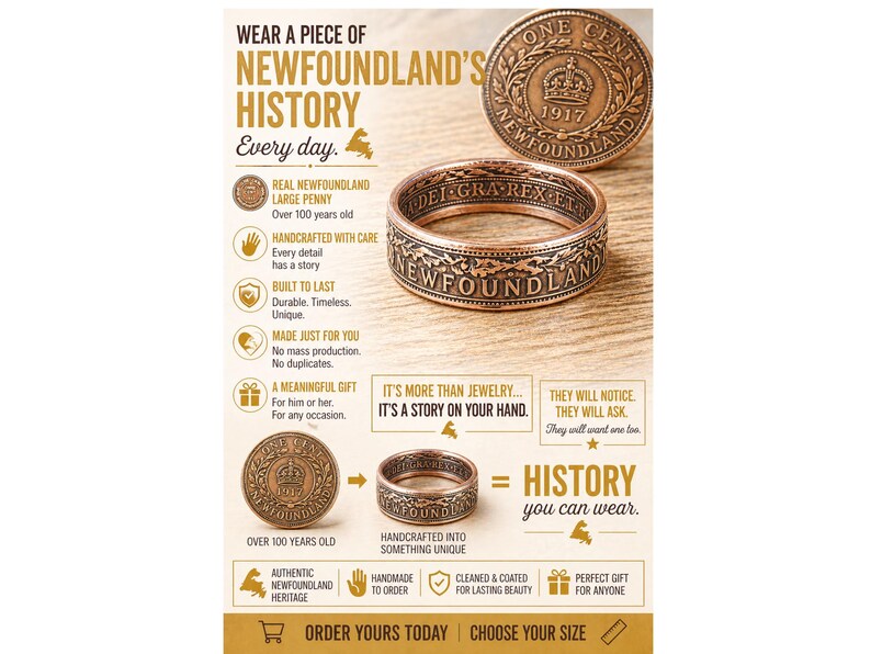 May include: A copper ring made from a Newfoundland penny, with the text "NEWFOUNDLAND" and "ONE CENT 1917". The image also shows a penny and text that reads "WEAR A PIECE OF NEWFOUNDLAND'S HISTORY".