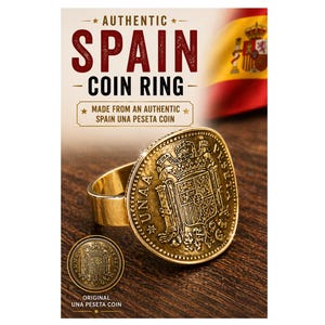 Könnte beinhalten: Ein goldfarbener Münzring mit einer authentischen spanischen Una Peseta-Münze. Der Ring hat ein breites Band und die Münze zeigt ein detailliertes Wappen. Der Text "AUTHENTIC SPAIN COIN RING" ist sichtbar.