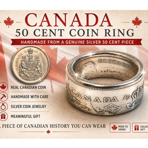 May include: A silver coin ring made from a genuine Canadian 50-cent piece. The ring features the word "CANADA" and the year "1966". The ring is handmade and is a piece of Canadian history.