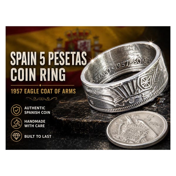 Spain 5 Pesetas Coin Ring 1957 Eagle Coat of Arms Spanish Coin Jewelry Unisex Gift Heritage Ring Travel Keepsake