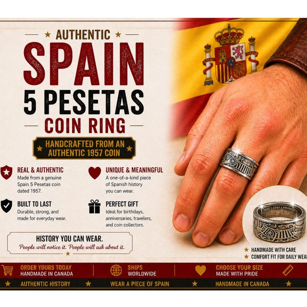 Spain 5 Pesetas Coin Ring 1957 Eagle Coat of Arms Spanish Coin Jewelry Unisex Gift Heritage Ring Travel Keepsake