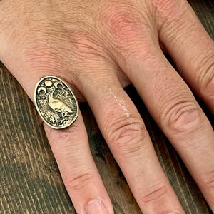 Moon Sun Sparrow Ring – Antique Wax Seal Ring – Symbol of Transformation, Comfort & Peace – Handmade Christian Jewelry Gift