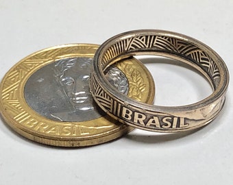 Brazil Coin Ring | Handmade Brazilian Jewelry | 1 Real Coin Ring | Vintage Brasil Design | Travel Keepsake Gift for Him Her | Custom Ring