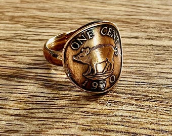 Bermuda Ring One Cent Coin Ring Wild Boar Pig Handmade Personal Jewelry Ring Gift For Friend Gift For Him Her World Coin Collector