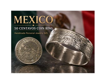 Mexikoring 50 Centavos Mexikansk myntring Handgjord personlig smyckering Present till vän Myntring Present till honom Hennes värld Myntsamlare