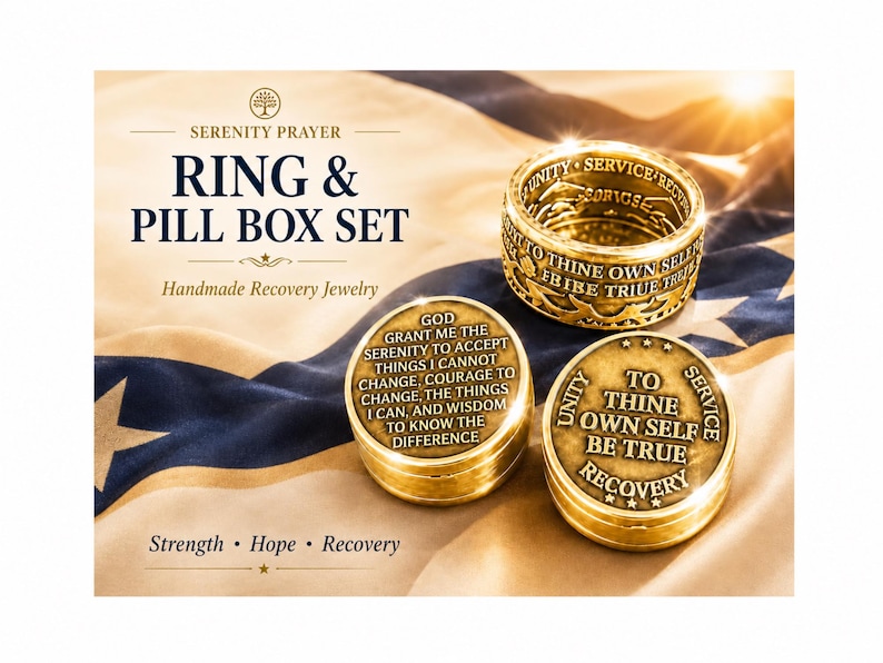 Addiction Recovery Rings Serenity Prayer Ring and Pill Box Set Handmade Addiction Recovery Coin ...