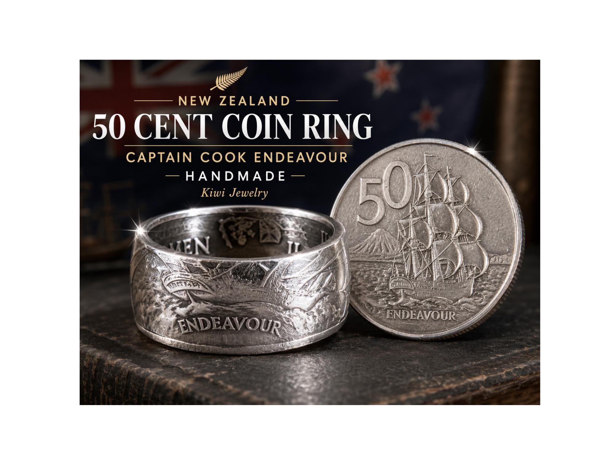 ニュージーランド50セント硬貨リングチャーム キャプテン・クック