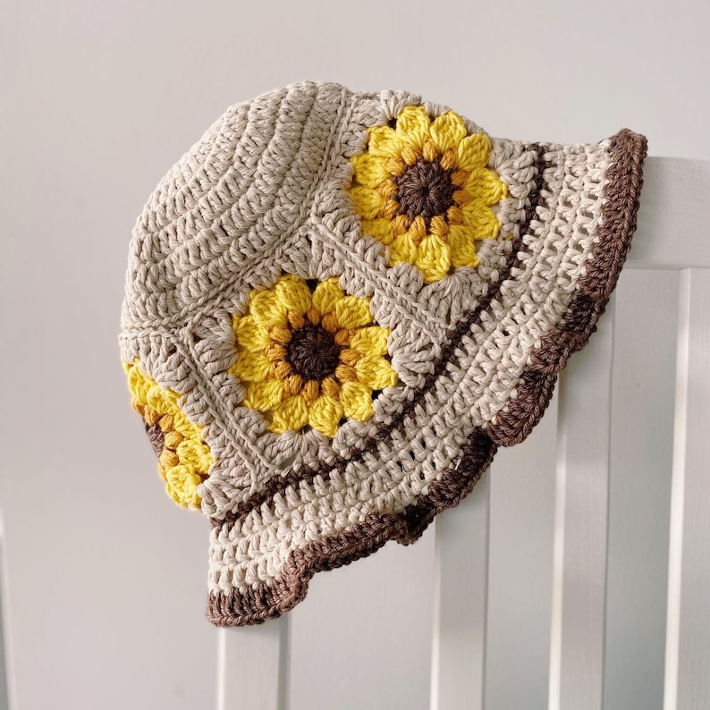 Crochet sunflower hat, beige, dark brown edging  and sunflowerswith