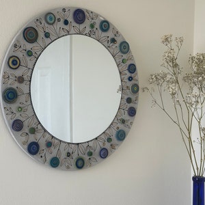 Decorated gray wall mirror with blue flowers, girls room decor, kitchen wall decor, exotic poppies wall decor, small round mirror