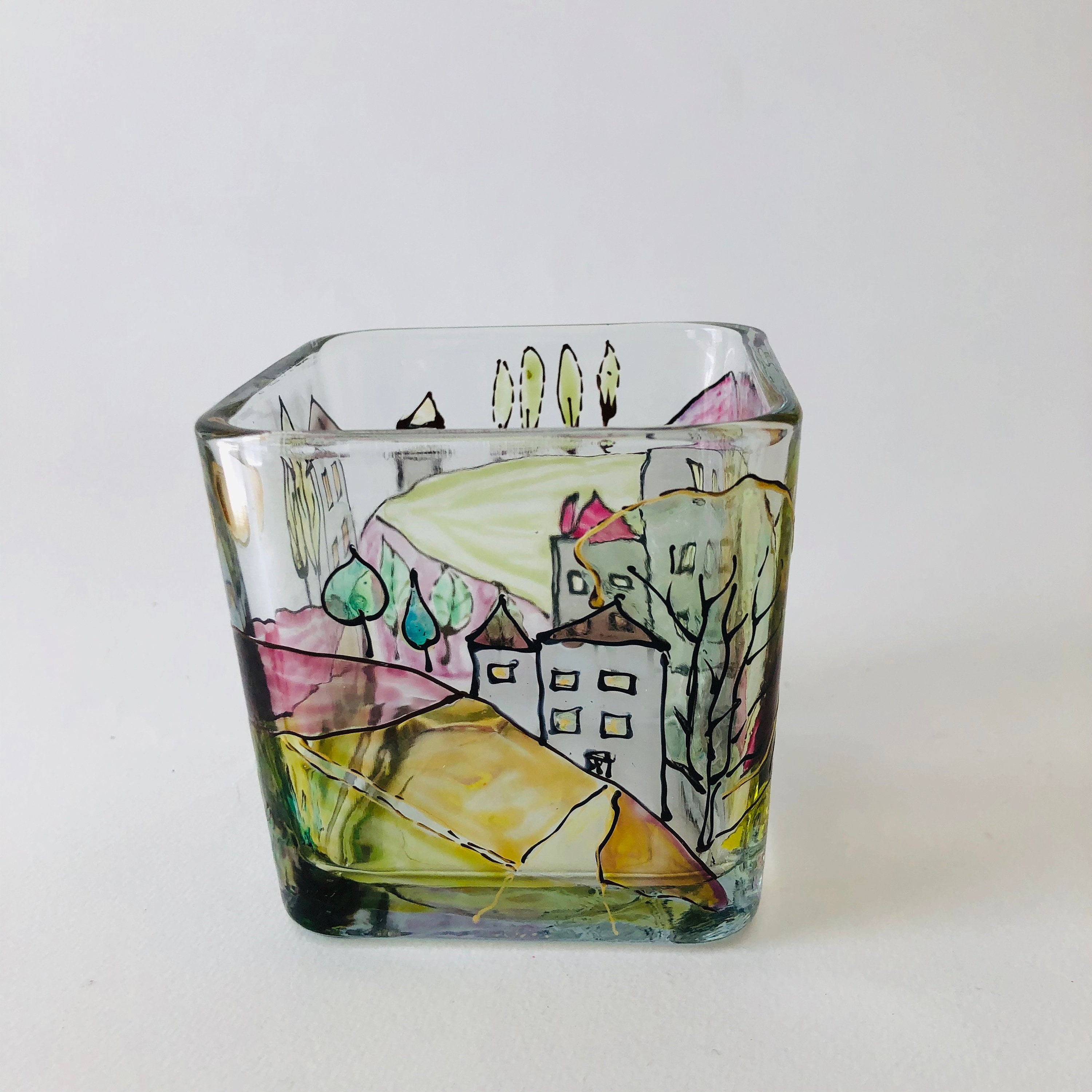 Hand Painted Glass Candle Holder With Tuscany Landscape Etsy