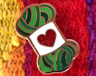 Enamel  Pin - Green Skein of Yarn  with Heart