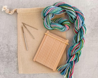 Tiny Maple Loom Weaving Kit – Beginner Craft Care Package, Cactus Colors
