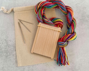 Tiny Loom Weaving Kit – Rainbow Yarns, Maple Wood, Beginner DIY