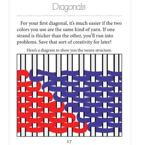 May include: A diagram showing how to weave a diagonal pattern using two different colored yarns. The diagram shows red and blue yarn woven together to create a diagonal pattern.