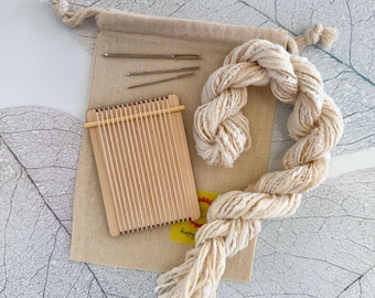 Mini Weaving Loom Kit, Ivory Cotton Yarn, Tapestry Needles