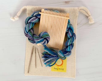 Mini Tapestry Loom Kit – Alpaca Yarn, Ocean Blues, Beginner Weaving