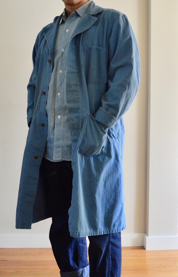 1940's blue HBT shop coat, Auto, workwear, medium