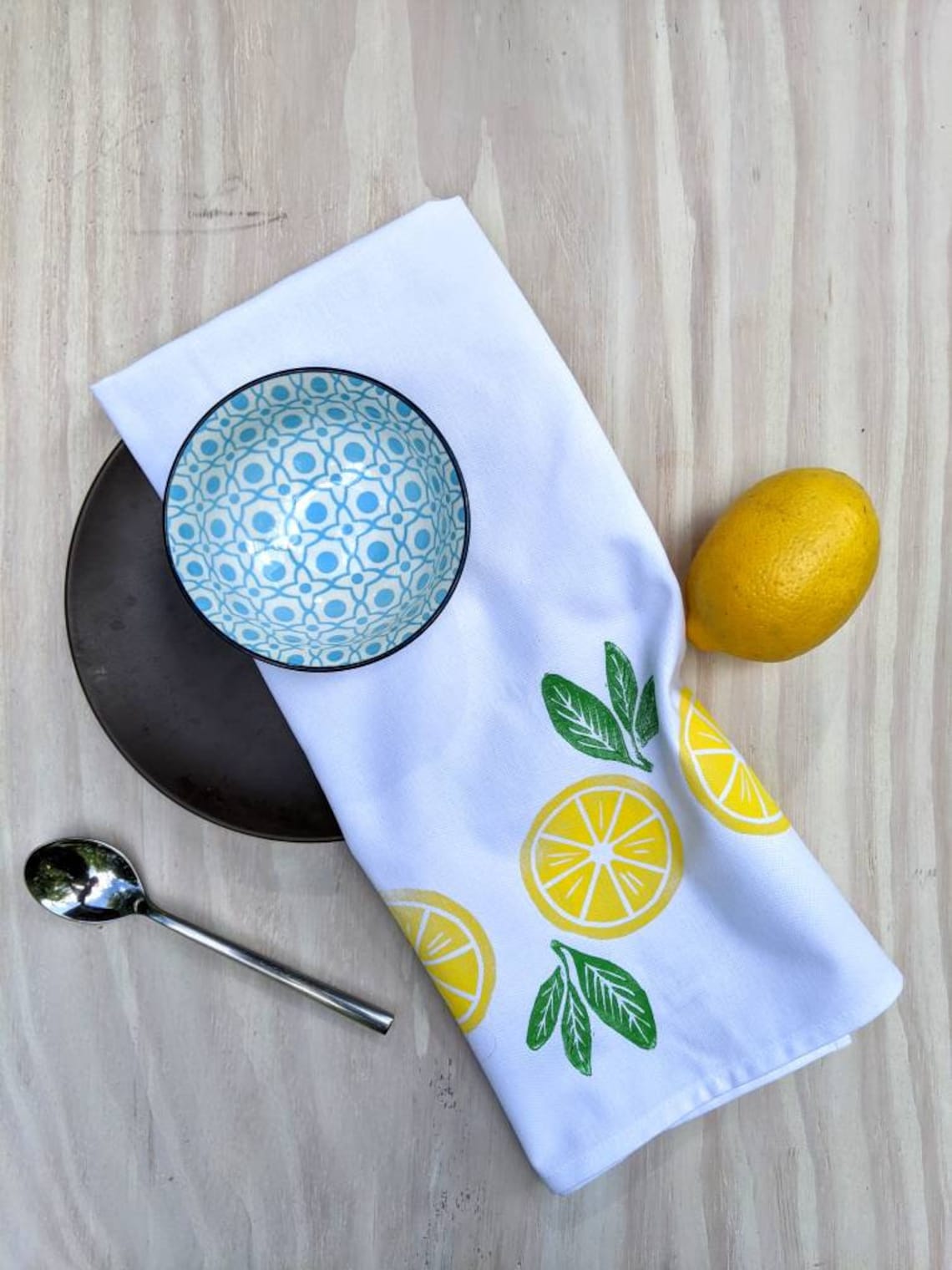 Lemon Tea Towel Cotton Tea Towel Block Printed Towel Lemon Etsy