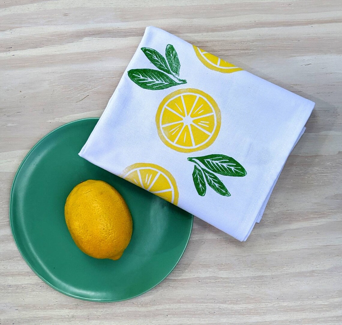 Lemon tea towel cotton tea towel block printed towel lemon Etsy