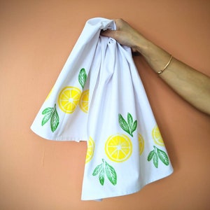 Lemon tea towel, cotton tea towel, block printed towel, lemon print, tea towel,  eco-friendly products, kitchen towel, fruit tea towel