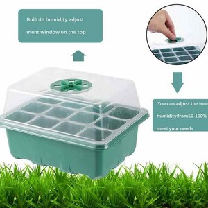 May include: Green plastic seed starter tray with a clear plastic dome lid. The lid has a small vent on top. The tray has 12 individual compartments for planting seeds.  "Built-in humidity adjustment window on the top" and "You can adjust the inner humidity from 50-100% to meet your needs" are written on the image.