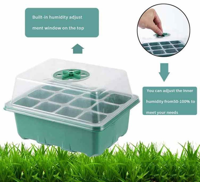 May include: Green plastic seed starter tray with a clear plastic dome lid. The lid has a small vent on top. The tray has 12 individual compartments for planting seeds.  "Built-in humidity adjustment window on the top" and "You can adjust the inner humidity from 50-100% to meet your needs" are written on the image.
