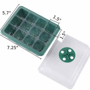 May include: A green plastic seed starting tray with 12 individual cells, measuring 7.25 inches by 5.7 inches. The tray has a clear plastic dome lid with a green vent in the center, measuring 7.25 inches by 7.25 inches.