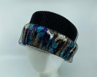 1960s Brocade double pillbox Ladies hat, multi-color hat in black blue gold, true Vintage hat mint condition Size 7