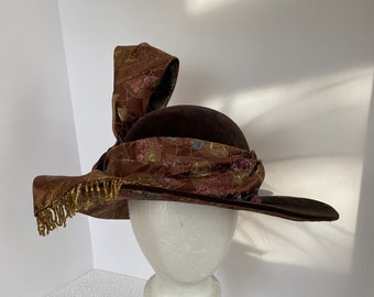 1910-1919 Ladies Brown Velvet hat with Brocade trim, adjustable size, historic reproduction