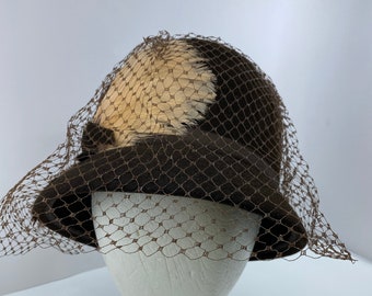 Late 1950's early 1960's Ladies felt hat, asymetrical feather and veiling trimmed hat, women's brown felt hat size 7