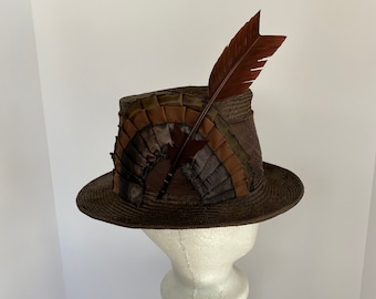 1915 Brown straw hat size 7, three ribbon fan cockade and brown arrow feather, reproduction