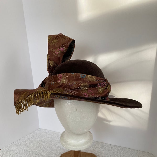 1910-1919 Ladies Brown Velvet hat with Brocade trim, adjustable size, historic reproduction