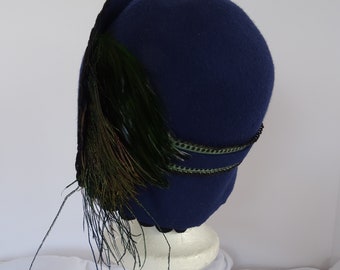 Late 1920's Reproduction Blue Felt Hat with Peacock Feathers