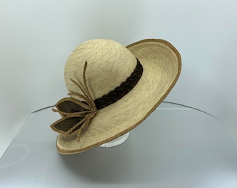 1970's style straw summer hat, womens natural straw hat, ladies hat trimmed with straw leaves, unique and handmade wide brim hat size 7